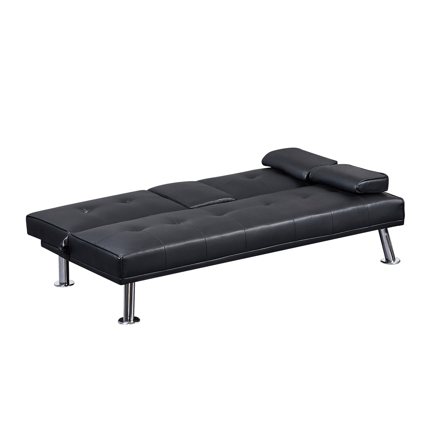Canapé-lit convertible en similicuir noir avec porte-gobelets. Dimensions : 31,50 x 65,75 x 29,53 cm.