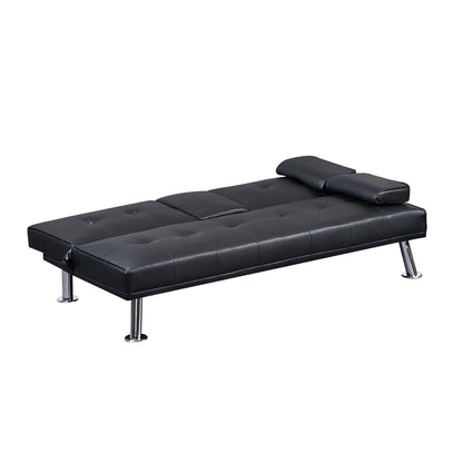 Canapé-lit convertible en similicuir noir avec porte-gobelets. Dimensions : 31,50 x 65,75 x 29,53 cm.