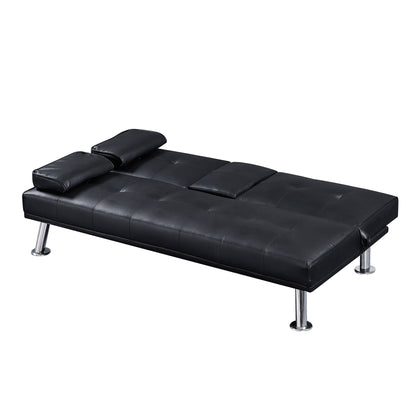 Canapé-lit convertible en similicuir noir avec porte-gobelets. Dimensions : 31,50 x 65,75 x 29,53 cm.