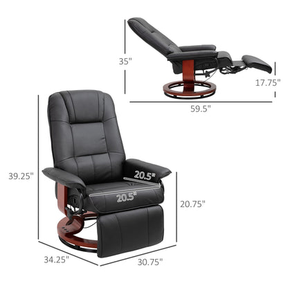 Fauteuil inclinable en similicuir noir, fauteuil de salon pivotant manuel avec repose-pieds réglable, accoudoir et base en bois enveloppée