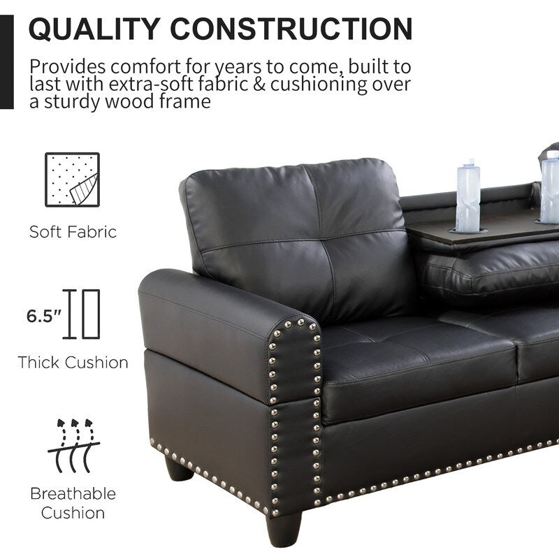 Ensemble de canapés 3 pièces en similicuir noir et cuir synthétique