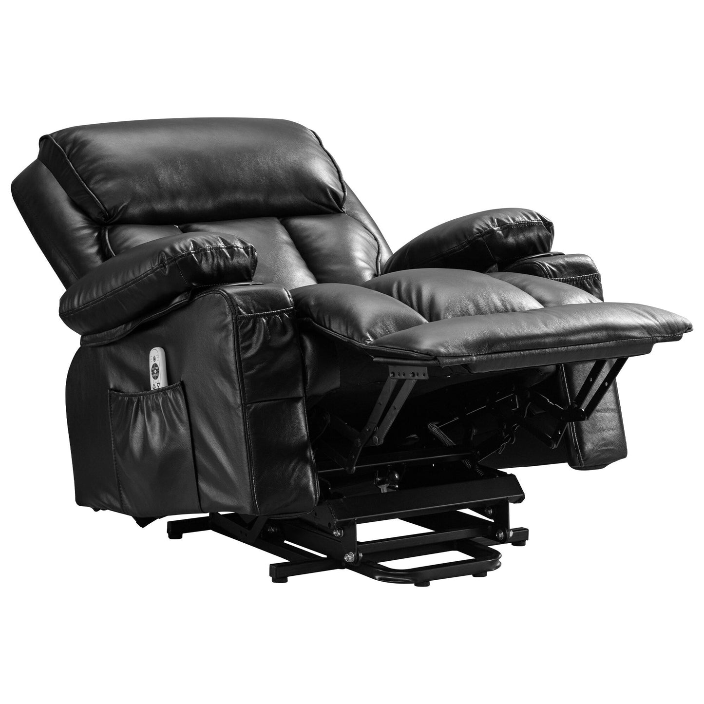 Fauteuil de massage releveur électrique noir de grande taille pour personnes âgées, avec fonctions de chauffage et de vibration, cuir synthétique, port USB, réglable