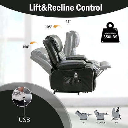 Fauteuil de massage releveur électrique noir de grande taille pour personnes âgées, avec fonctions de chauffage et de vibration, cuir synthétique, port USB, réglable