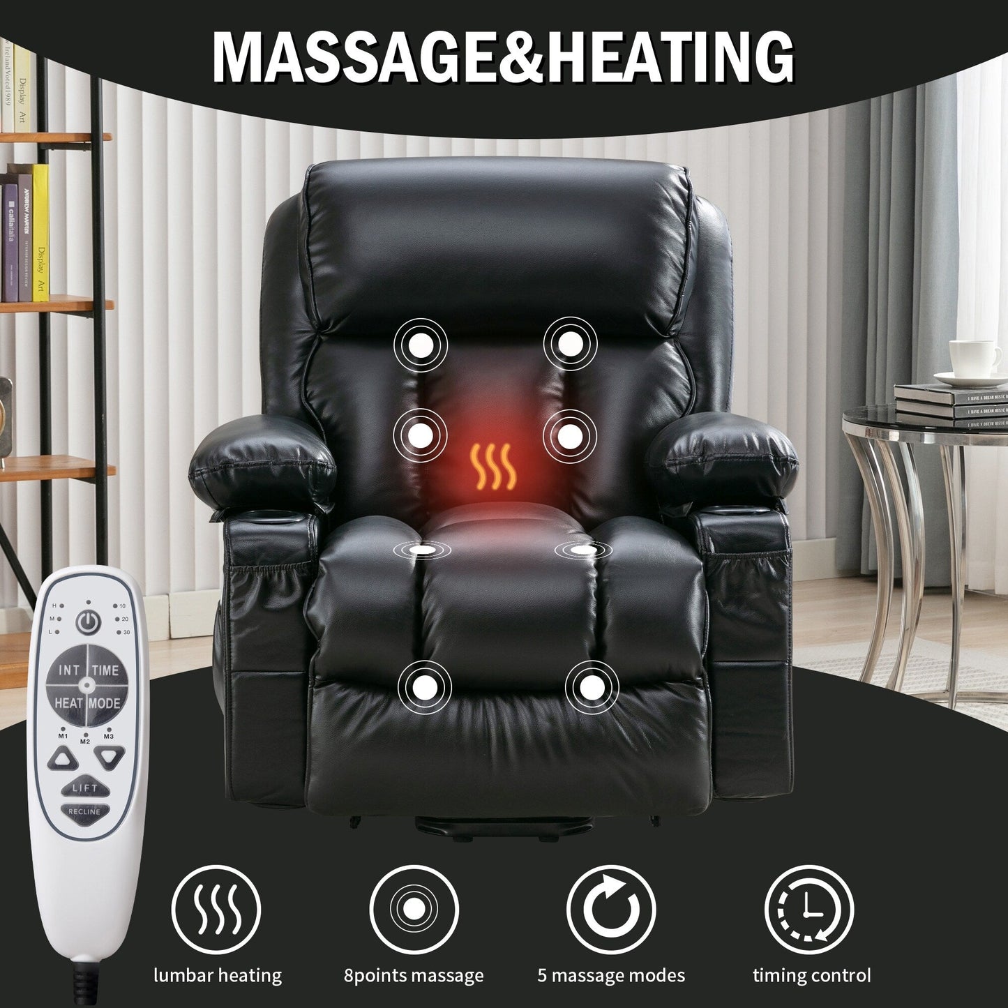 Fauteuil de massage releveur électrique noir de grande taille pour personnes âgées, avec fonctions de chauffage et de vibration, cuir synthétique, port USB, réglable
