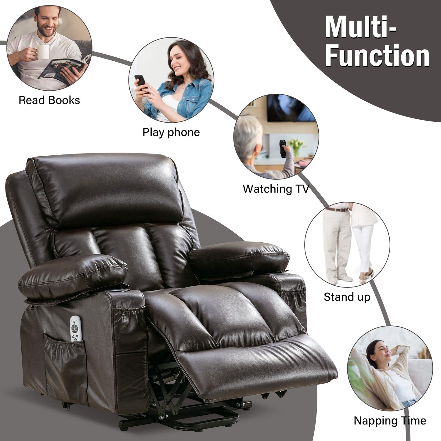 Fauteuil de massage releveur électrique noir de grande taille pour personnes âgées, avec fonctions de chauffage et de vibration, cuir synthétique, port USB, réglable