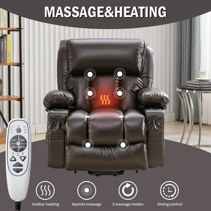 Fauteuil de massage releveur électrique noir de grande taille pour personnes âgées, avec fonctions de chauffage et de vibration, cuir synthétique, port USB, réglable