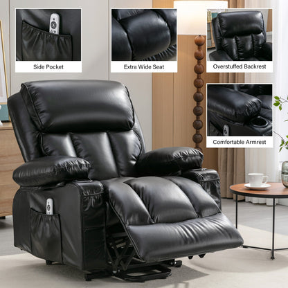 Fauteuil de massage releveur électrique noir de grande taille pour personnes âgées, avec fonctions de chauffage et de vibration, cuir synthétique, port USB, réglable