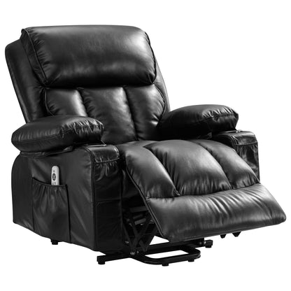 Fauteuil de massage électrique noir de grande taille pour personnes âgées, chauffant et vibrant, en cuir synthétique, avec port USB et réglages réglables.