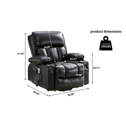Fauteuil de massage électrique noir de grande taille avec chauffage et vibrations, revêtement en cuir synthétique, port USB et fonctions réglables