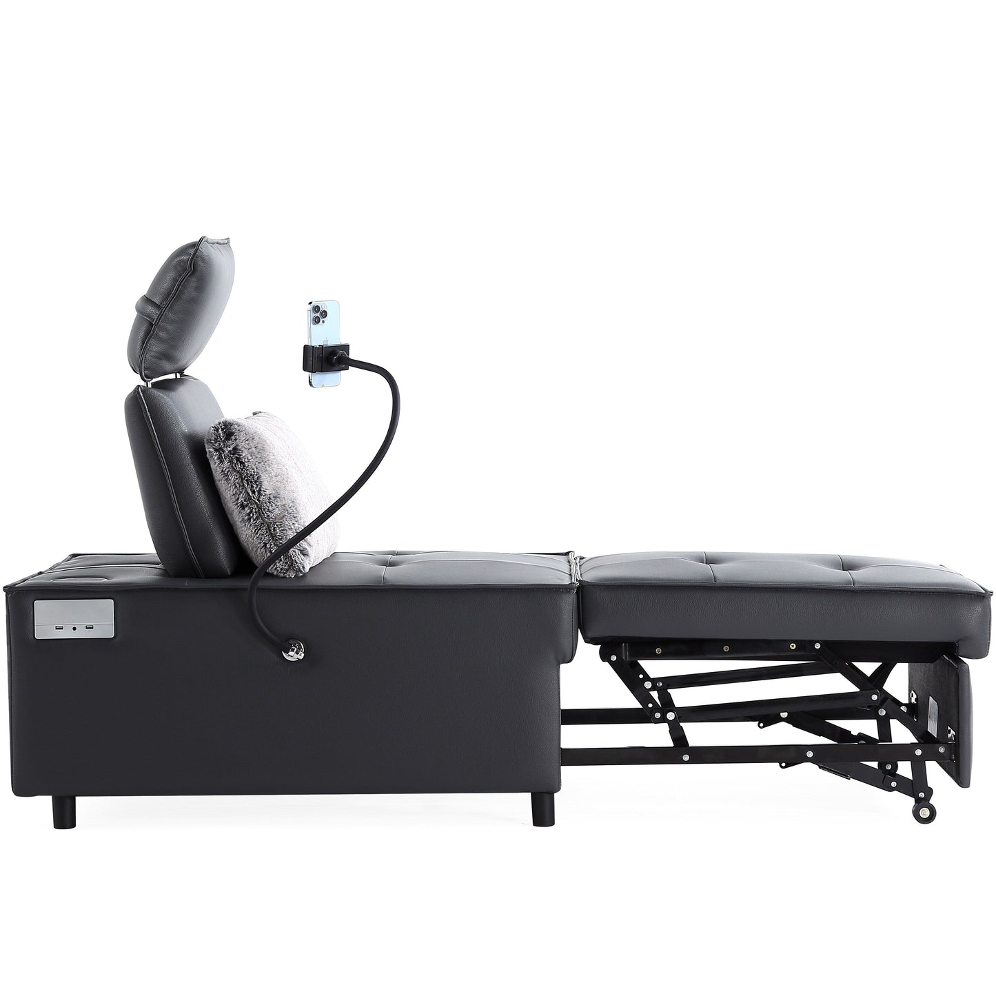 Canapé-lit en cuir noir avec haut-parleur Bluetooth et ports USB