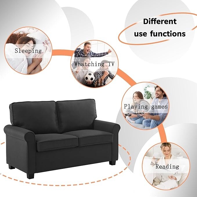 Canapé-lit causeuse en lin noir avec matelas en mousse à mémoire de forme