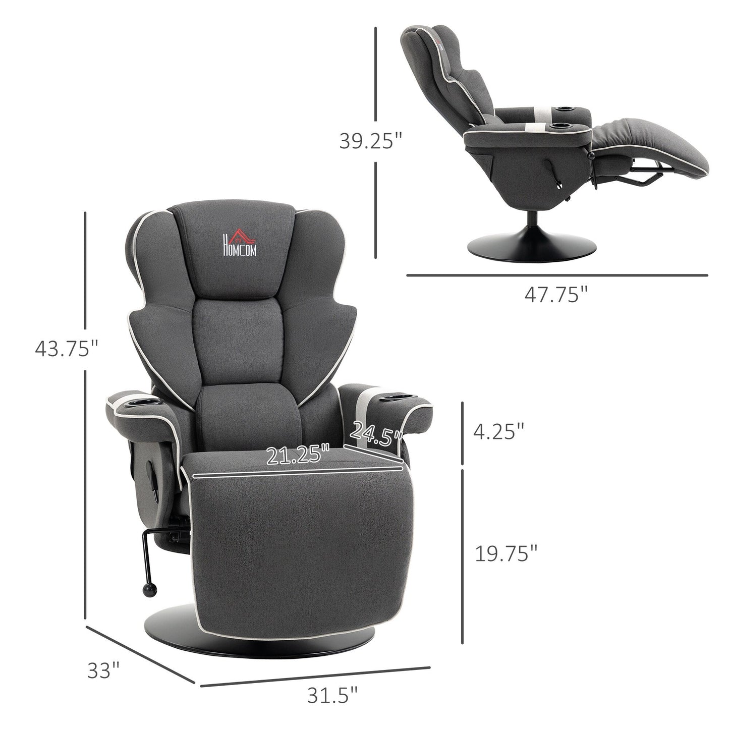 Fauteuil inclinable manuel pivotant en lin noir avec repose-pieds et deux porte-gobelets pour salon