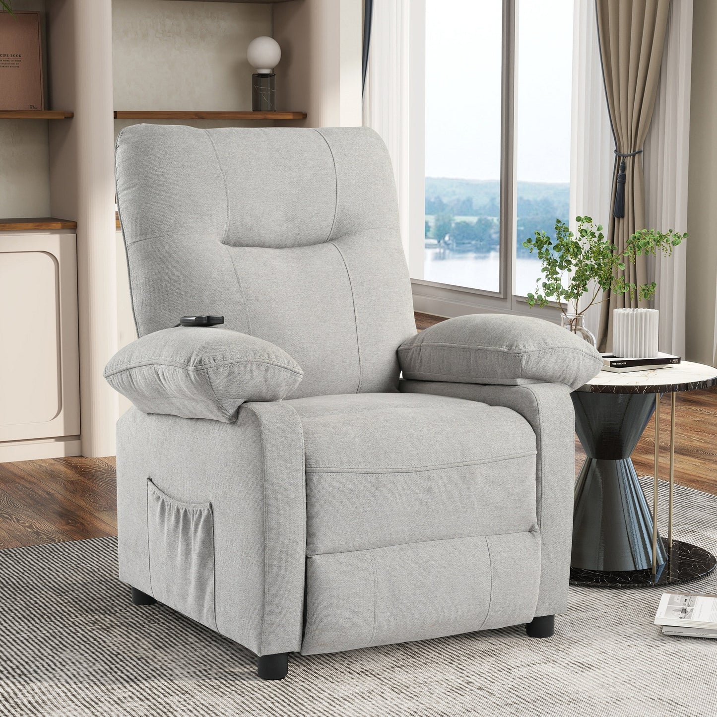 Fauteuil inclinable manuel noir avec massage et chauffage, cadre en bois massif robuste et revêtement en tissu confortable