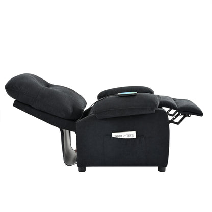 Fauteuil inclinable manuel noir avec massage et chauffage, cadre en bois massif robuste et revêtement en tissu confortable