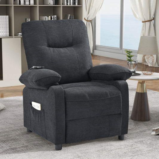 Fauteuil inclinable manuel noir avec massage et chauffage, structure robuste en bois massif et revêtement en tissu confortable