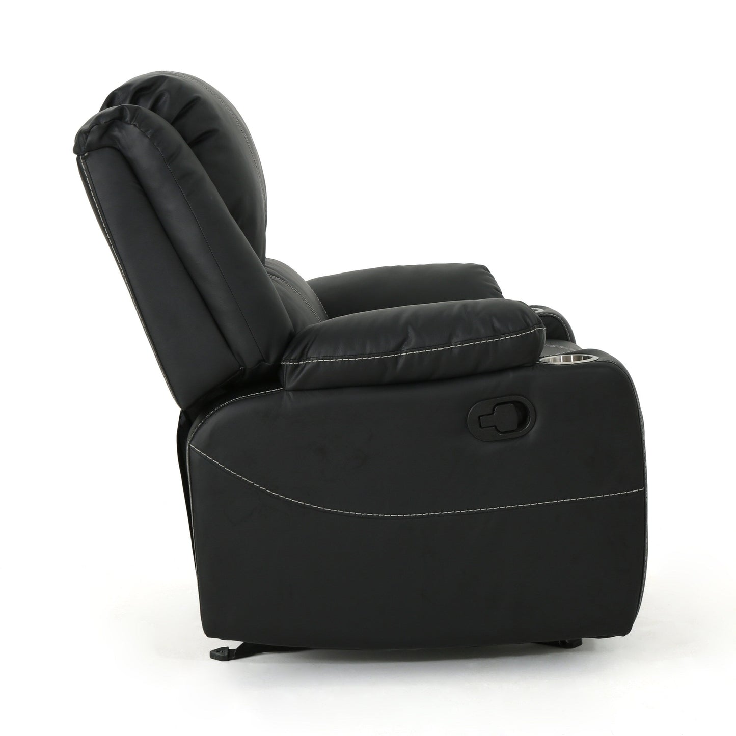 Fauteuil inclinable manuel noir avec porte-gobelets en acier et revêtement moelleux