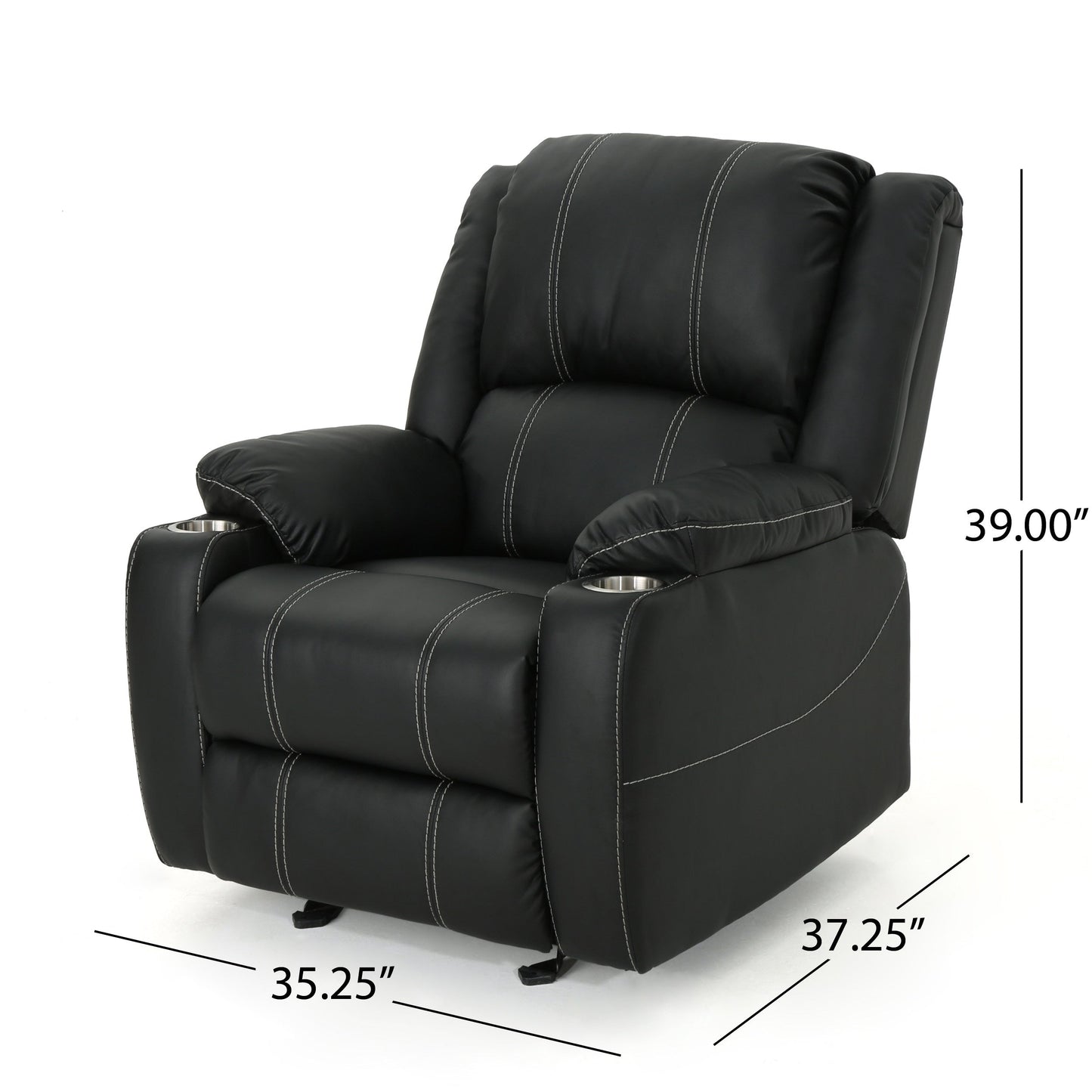 Fauteuil inclinable manuel noir avec porte-gobelets en acier et revêtement moelleux