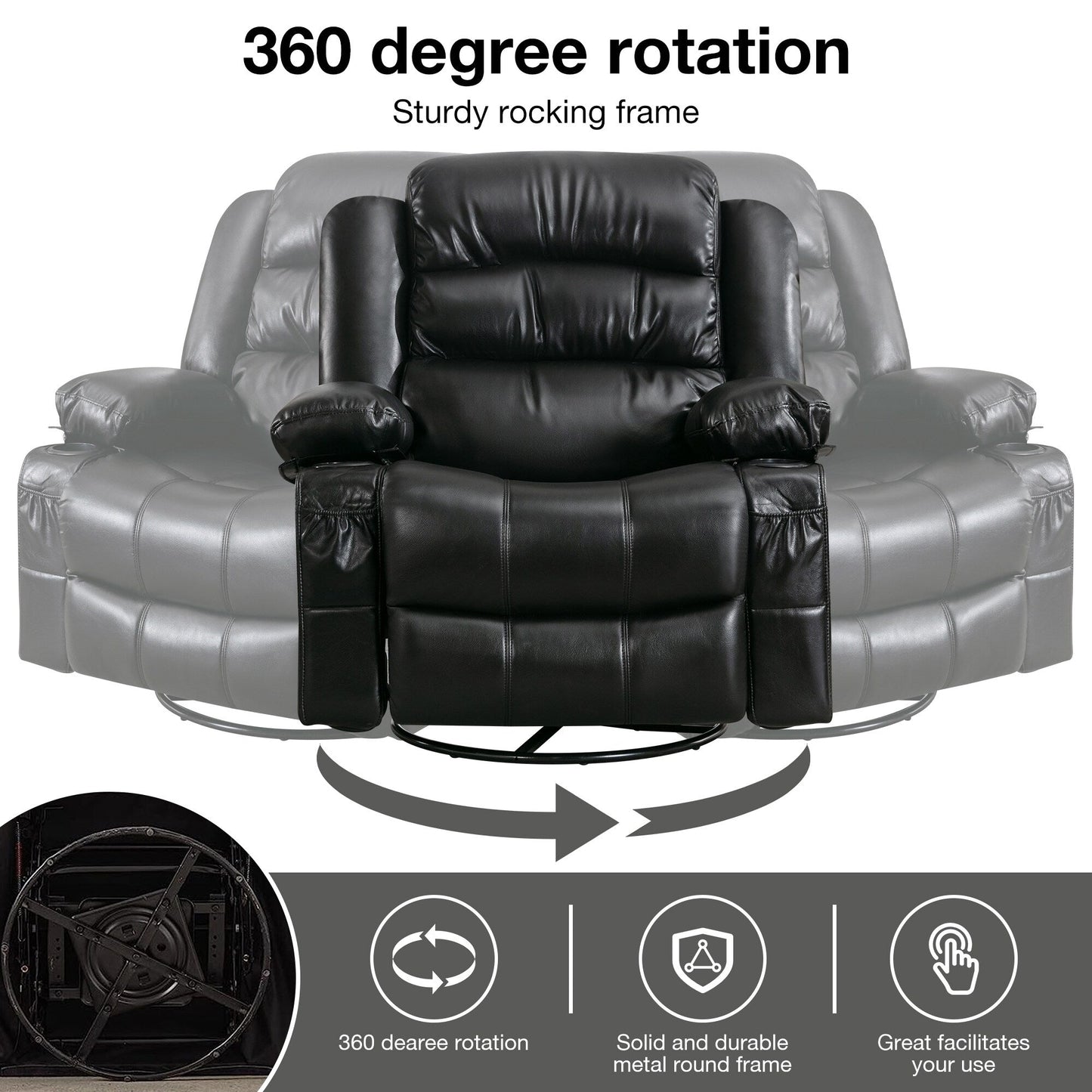 Fauteuil inclinable pivotant massant noir avec chauffage, rotation à 360°, vibration à 8 points, porte-gobelets, chargement USB et poche latérale