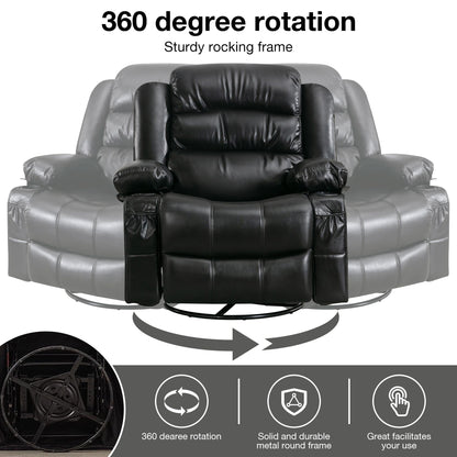 Fauteuil inclinable pivotant massant noir avec chauffage, rotation à 360°, vibration à 8 points, porte-gobelets, chargement USB et poche latérale