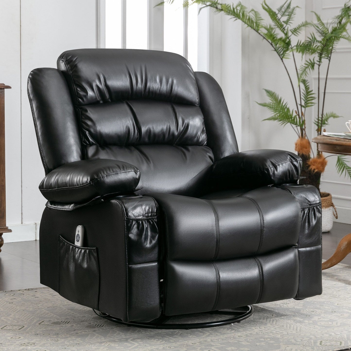 Fauteuil inclinable pivotant massant noir avec chauffage, rotation à 360°, vibration à 8 points, porte-gobelets, chargement USB et poche latérale