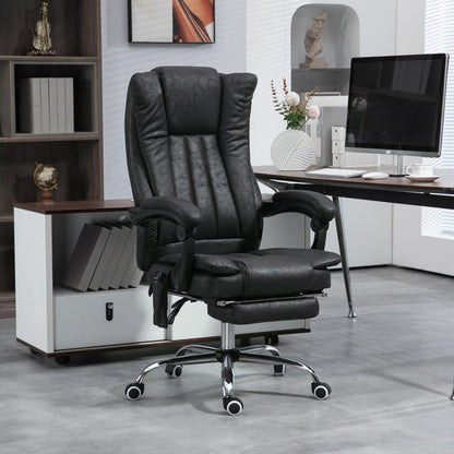Fauteuil de bureau inclinable pivotant à 360° en microfibre noire avec massage par vibration, chauffage, repose-pieds et hauteur réglable