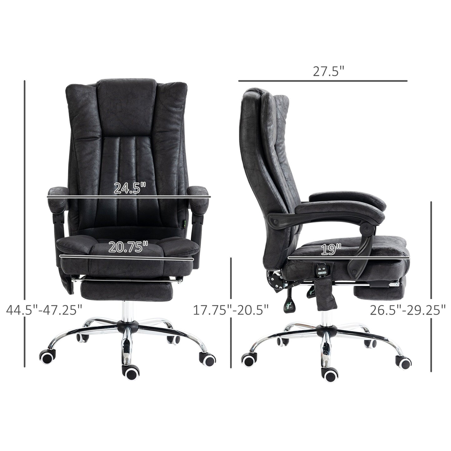Fauteuil de bureau inclinable pivotant à 360° en microfibre noire avec massage par vibration, chauffage, repose-pieds et hauteur réglable