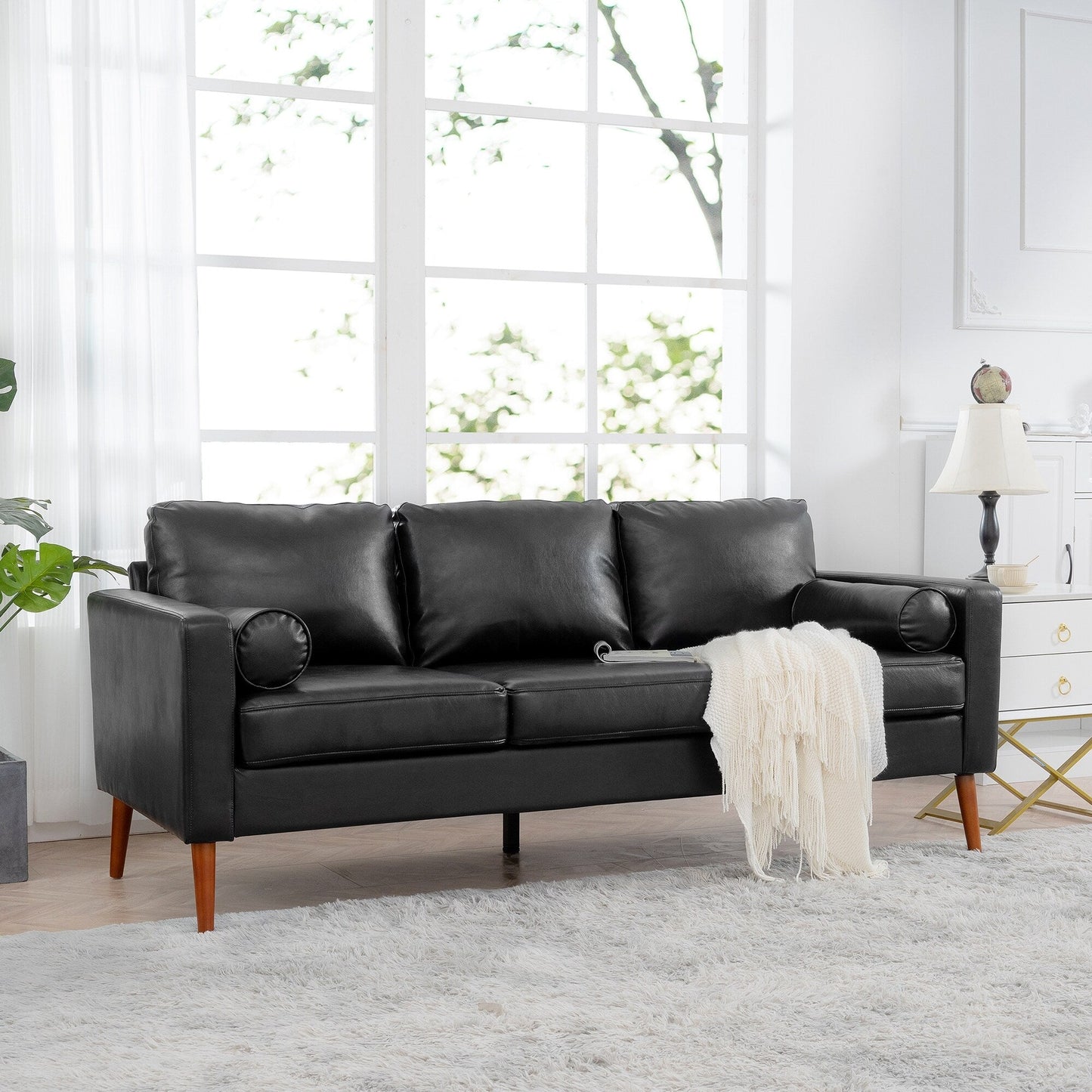 Canapé 3 places noir Mid Century Modern 76,7 PU avec structure en bois de fer pour le salon