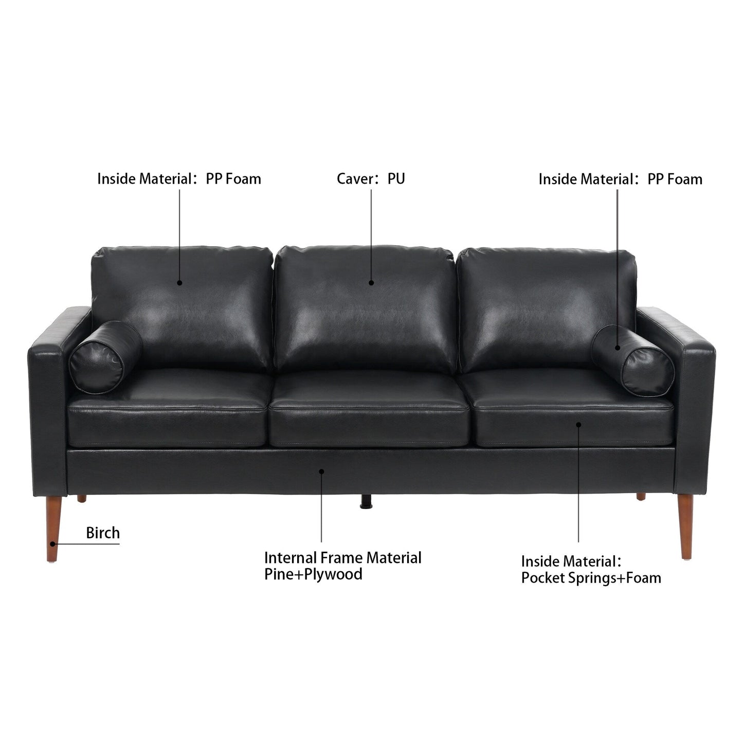 Canapé 3 places noir Mid Century Modern 76,7 PU avec structure en bois de fer pour le salon