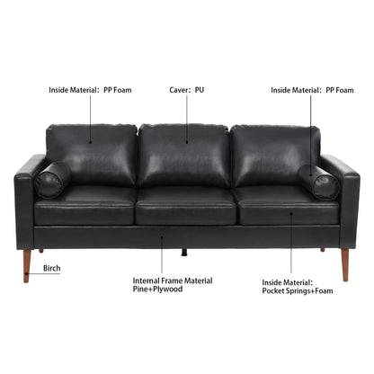 Canapé 3 places noir Mid Century Modern 76,7 PU avec structure en bois de fer pour le salon