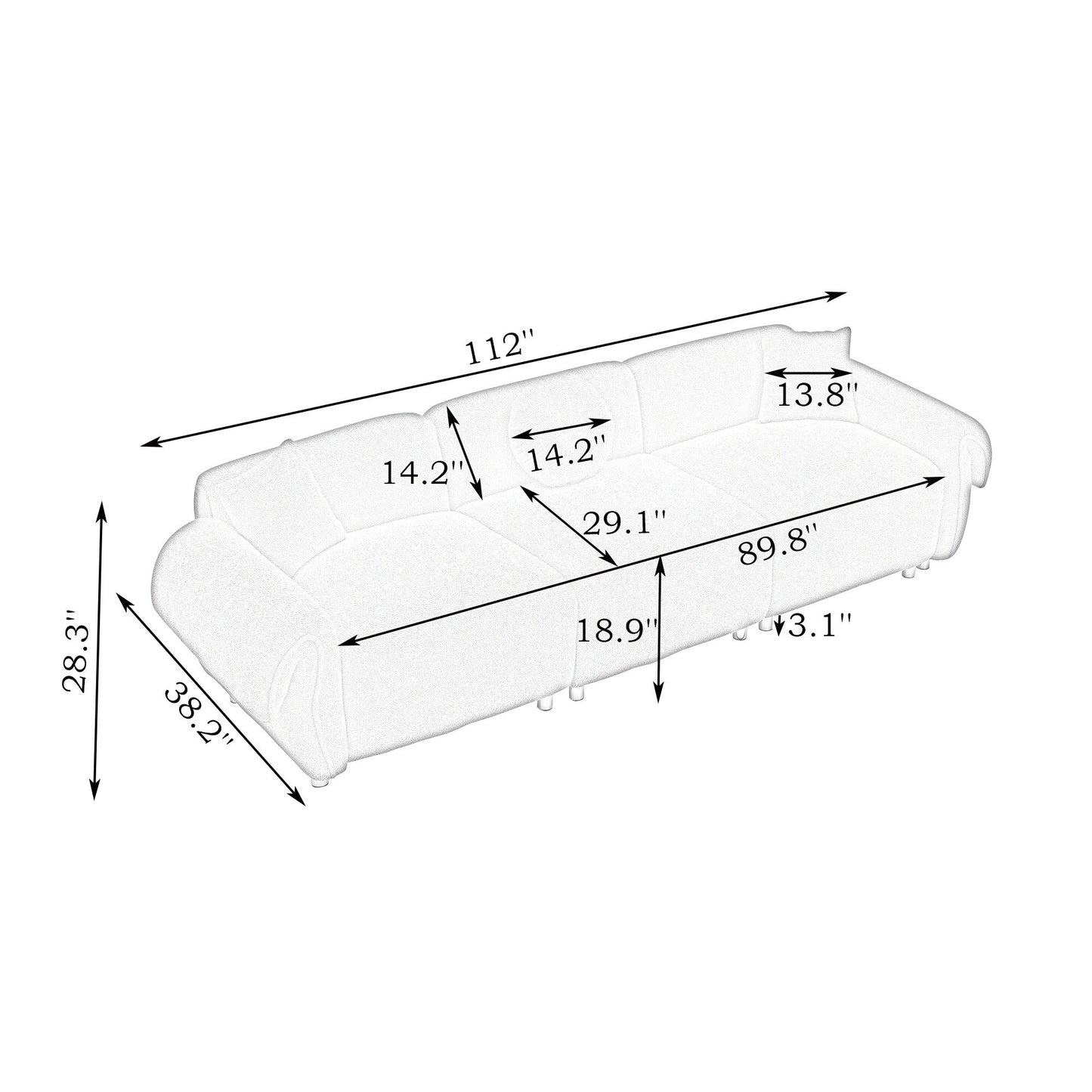 Canapé 3 places en velours Teddy noir moderne 112 avec 3 coussins pour le salon