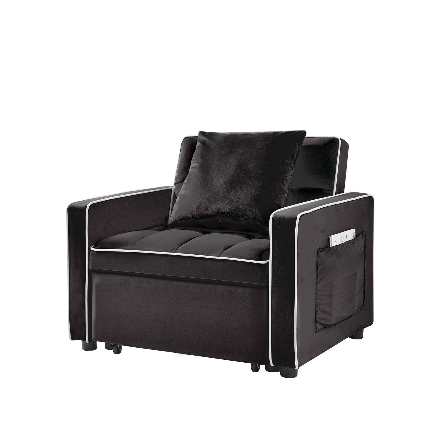 Canapé-lit simple 3 en 1 en velours noir moderne 35,43 cm avec dossier réglable et poche pour le salon
