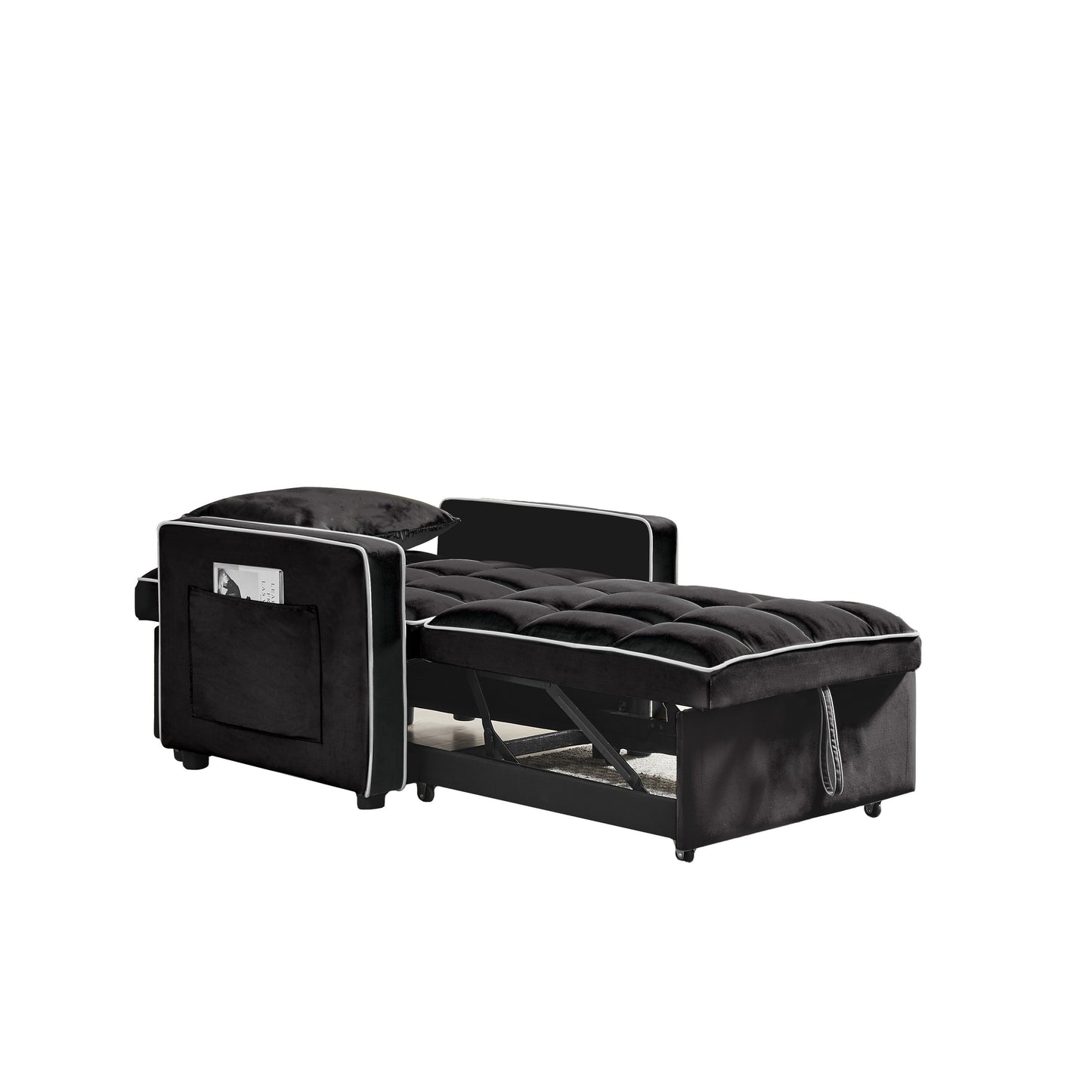 Canapé-lit simple 3 en 1 en velours noir moderne 35,43 cm avec dossier réglable et poche pour le salon