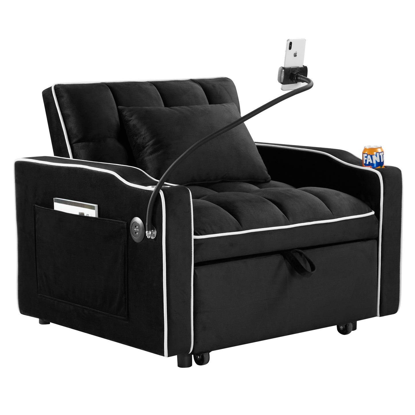 Canapé-lit convertible 3 en 1 en velours noir moderne 35,83 pouces avec dossier réglable et port de chargement USB pour le salon