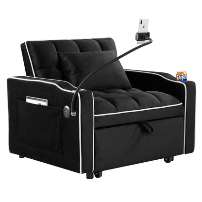 Canapé-lit convertible 3 en 1 en velours noir moderne 35,83 pouces avec dossier réglable et port de chargement USB pour le salon