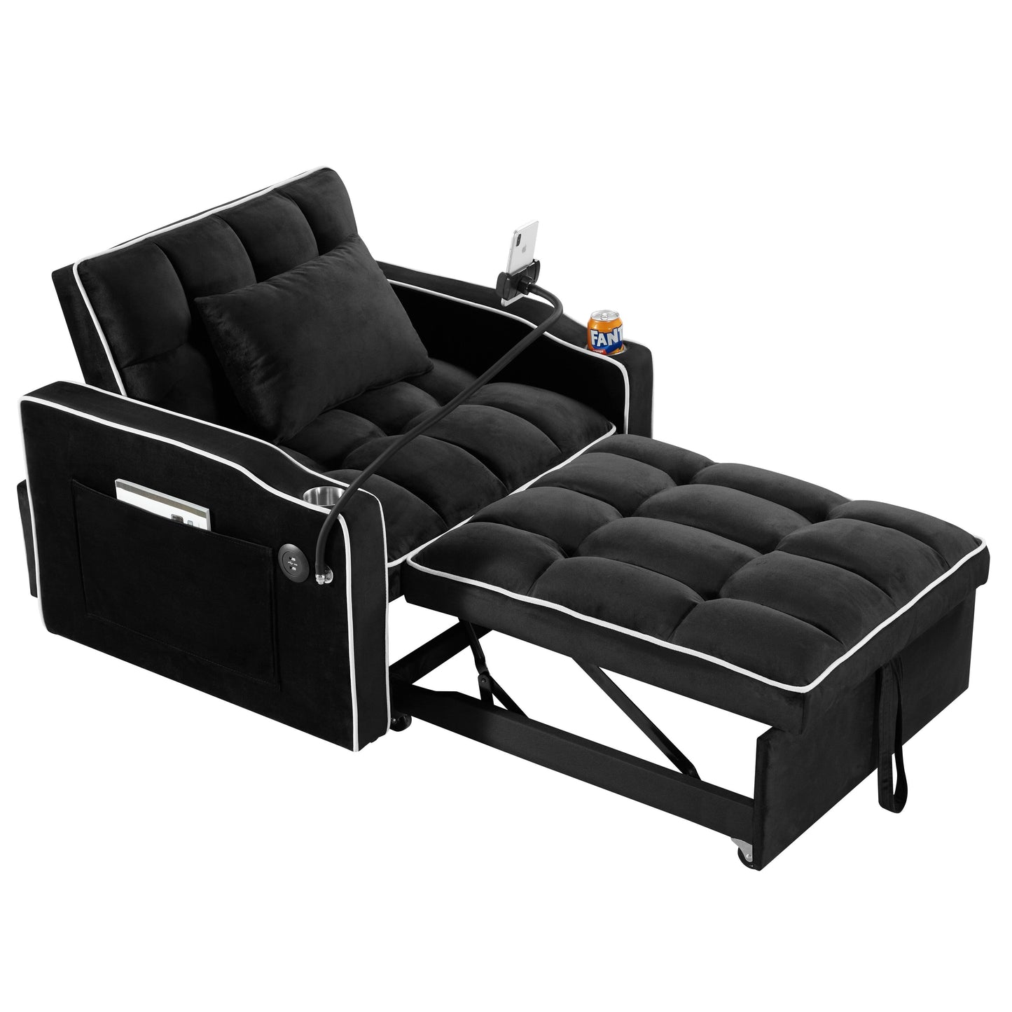 Canapé-lit convertible 3 en 1 en velours noir moderne 35,83 pouces avec dossier réglable et port de chargement USB pour le salon