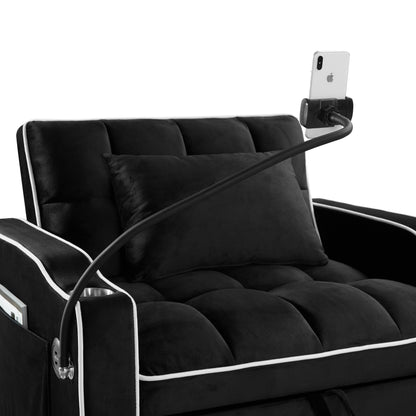 Canapé-lit convertible 3 en 1 en velours noir moderne 35,83 pouces avec dossier réglable et port de chargement USB pour le salon