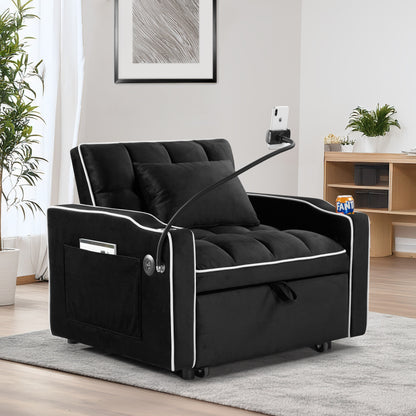 Canapé-lit convertible 3 en 1 en velours noir moderne 35,83 pouces avec dossier réglable et port de chargement USB pour le salon