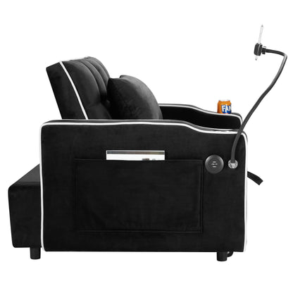 Canapé-lit convertible 3 en 1 en velours noir moderne 35,83 pouces avec dossier réglable et port de chargement USB pour le salon