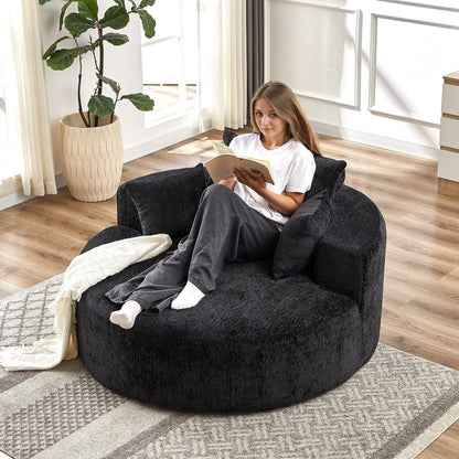 Canapé-lit simple rond noir moderne en chenille éponge de 55 pouces avec coussin de dossier pour salon
