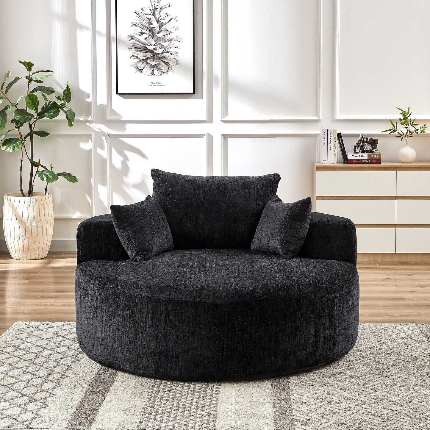 Canapé-lit simple rond noir moderne en chenille éponge de 55 pouces avec coussin de dossier pour salon