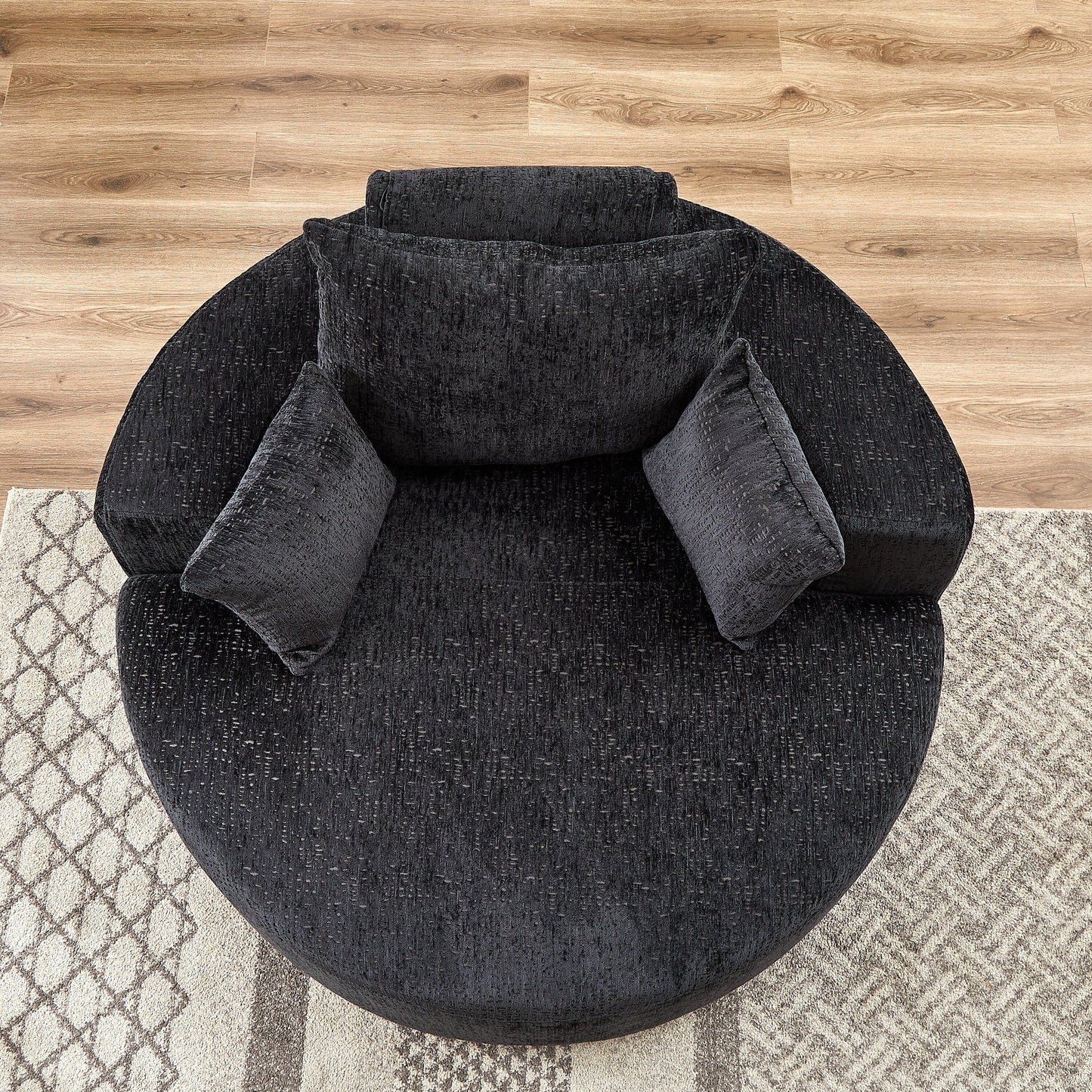 Canapé-lit simple rond noir moderne en chenille éponge de 55 pouces avec coussin de dossier pour salon
