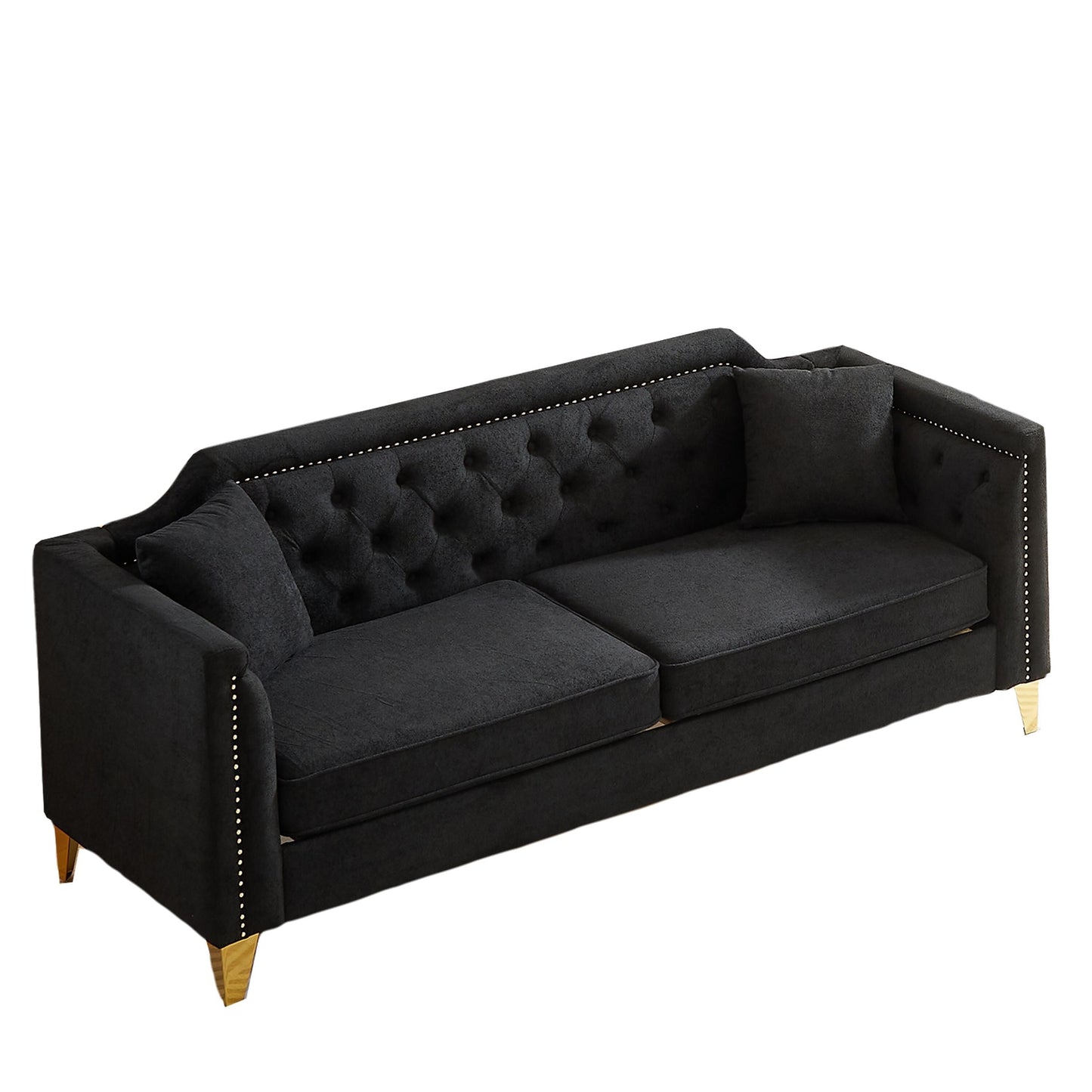 Canapé capitonné 3 places noir moderne en chenille de 61,5 pouces avec boutons, accoudoirs décorés de clous cuivrés et 2 coussins pour le salon