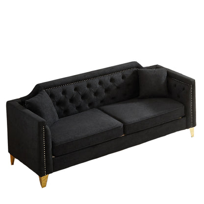 Canapé capitonné 3 places noir moderne en chenille de 61,5 pouces avec boutons, accoudoirs décorés de clous cuivrés et 2 coussins pour le salon