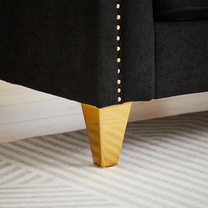 Canapé capitonné 3 places noir moderne en chenille de 61,5 pouces avec boutons, accoudoirs décorés de clous cuivrés et 2 coussins pour le salon