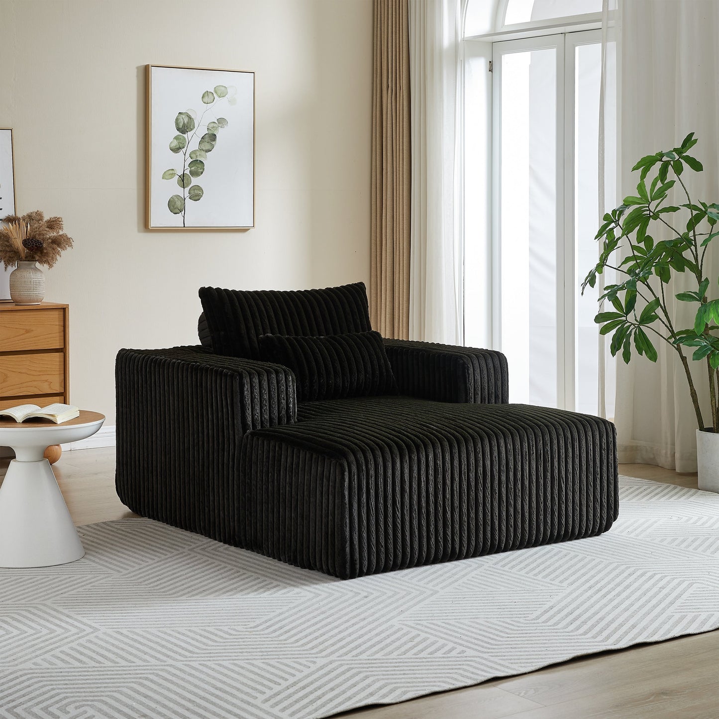 Fauteuil de salon moderne en velours côtelé noir 62,5" avec 2 coussins