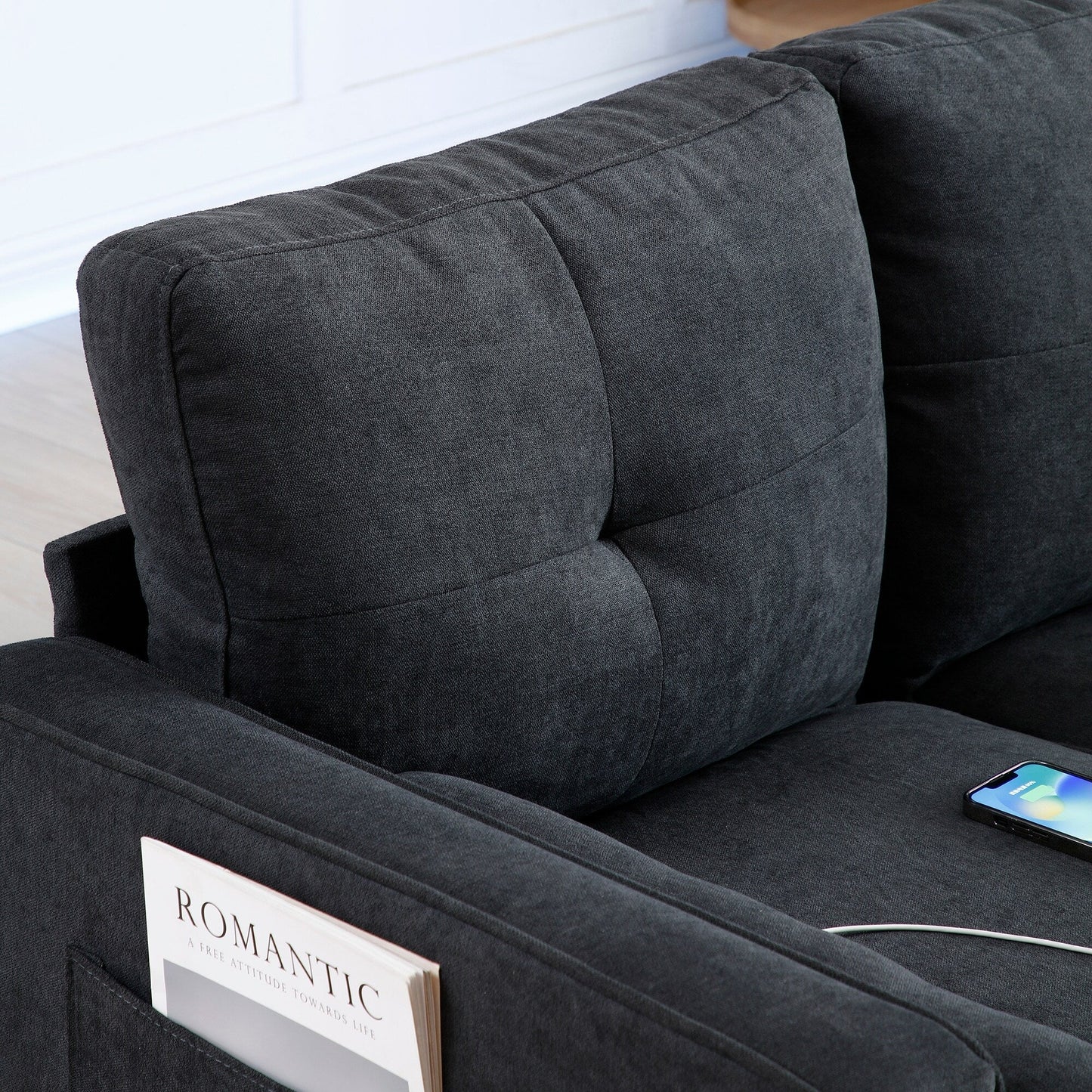 Canapé 3 places en lin noir moderne 75.2 avec éclairage LED et 2 ports USB pour le salon