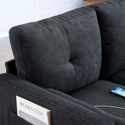 Canapé 3 places en lin noir moderne 75.2 avec éclairage LED et 2 ports USB pour le salon