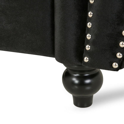 Canapé 3 places en velours noir moderne 84, avec accoudoirs roulés, capitonné et boutons, avec garniture cloutée et dossier incurvé pour le salon