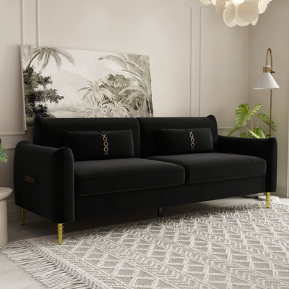 Canapé causeuse en velours noir moderne 85,43 pouces avec pieds et coussins dorés pour le salon