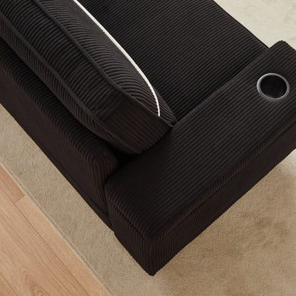 Canapé 3 places en velours côtelé noir moderne 86,5 avec deux espaces de rangement, ports de chargement USB et deux porte-gobelets